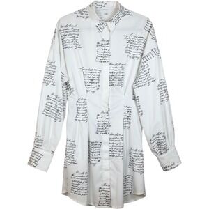 HALFHEART Script Print Button Down Shirt Dress Large White Black SMX190861‎